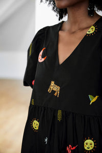 Black Wild Cosmos Embroidered Cotton Short Dress