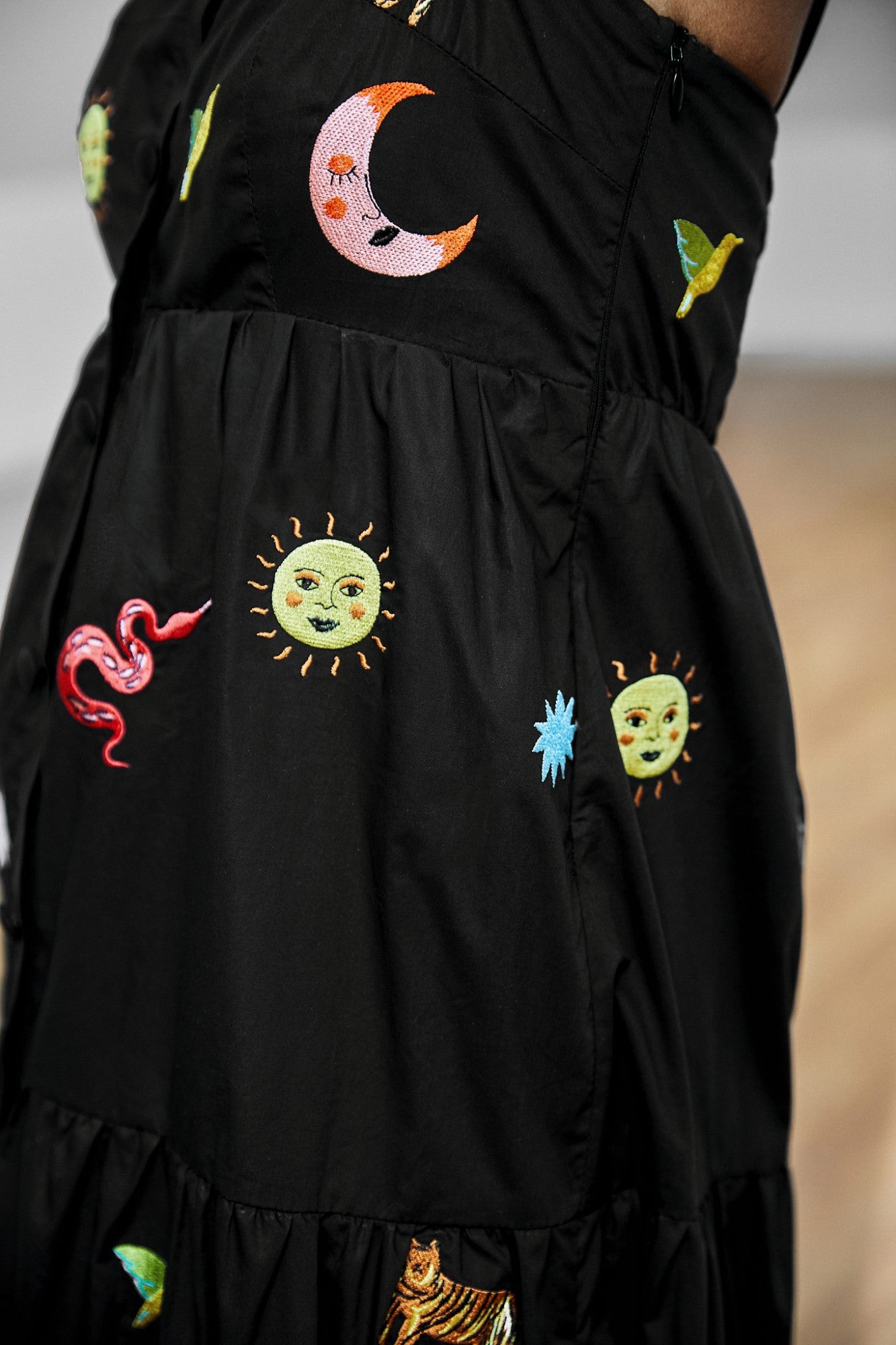 Black Wild Cosmos Maxi Embroidered Cotton Dress