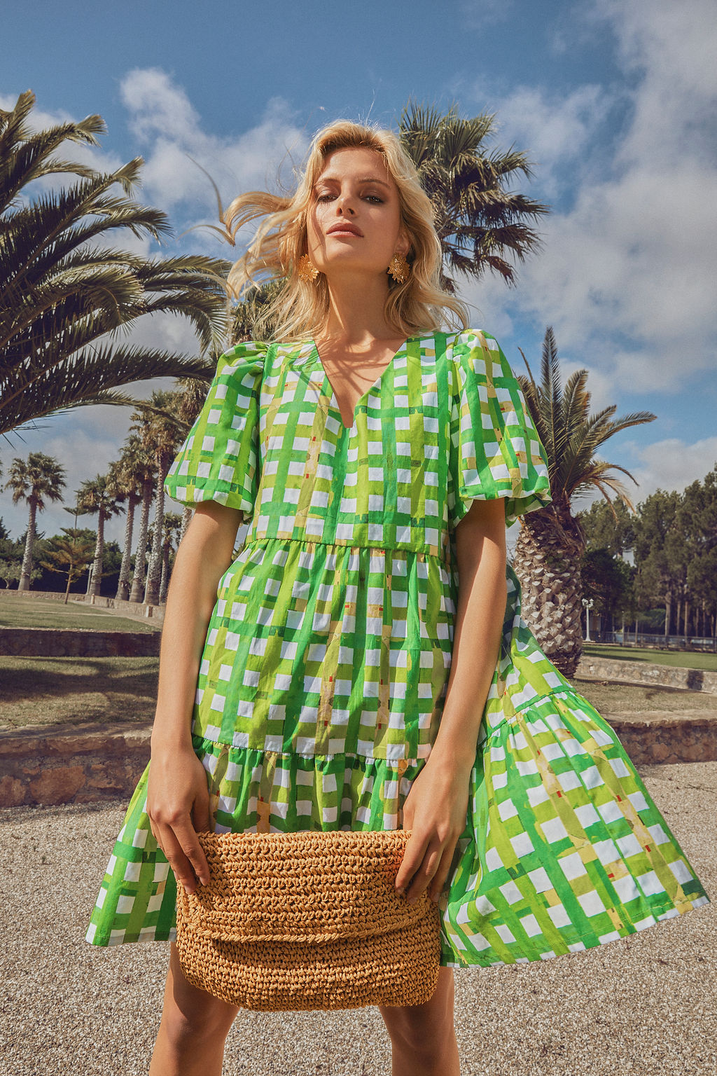 Green Meadow Oversized Puff Short Sleeve Short Cotton Dress