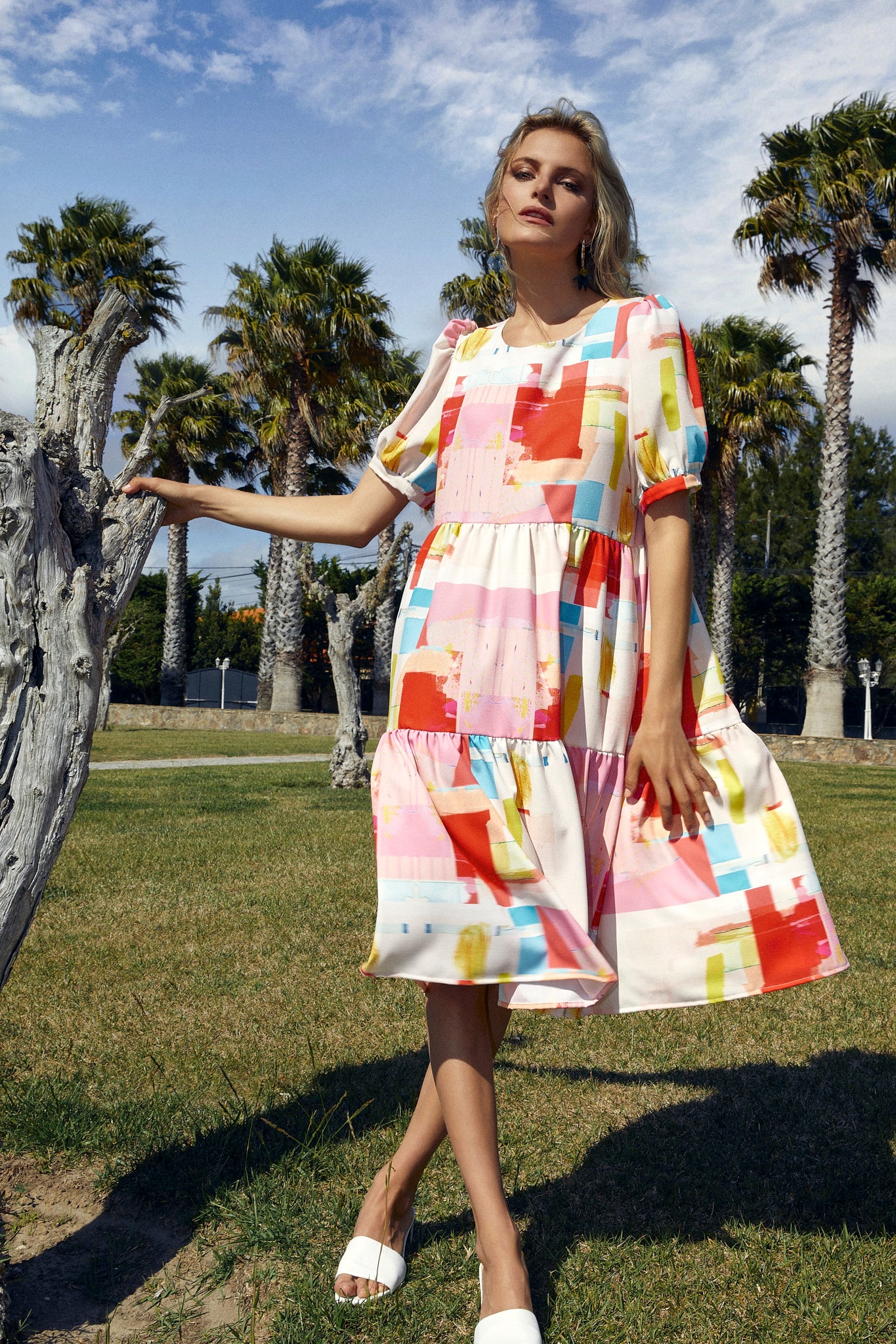 Sun Kissed Puff Sleeve with Piping Midi Dress
