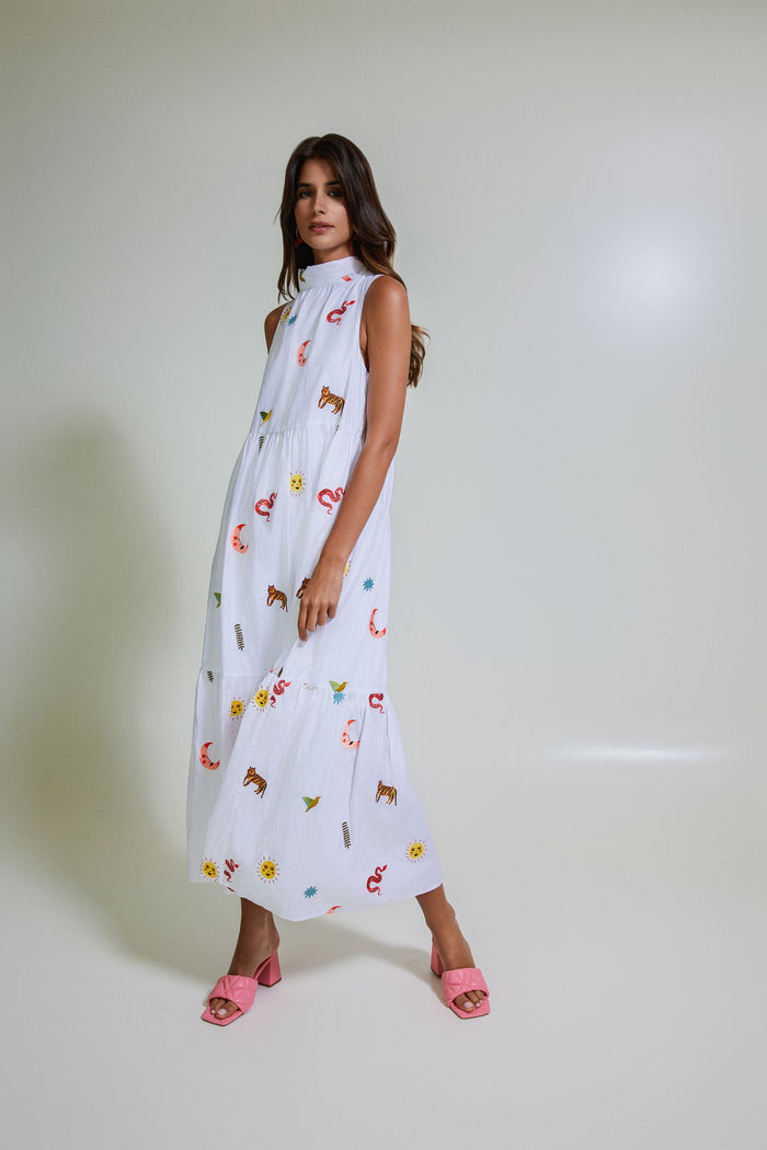 Wild Cosmos Embroidered Cotton Long Halterneck Dress