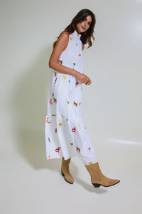 Wild Cosmos Embroidered Cotton Long Halterneck Dress