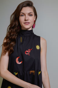 Black Wild Cosmos Embroidered Cotton Long Halterneck Dress