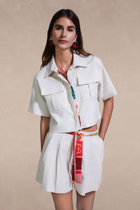 Rainforest Connection Beige Linen Cropped Shirt with Patch Pocket