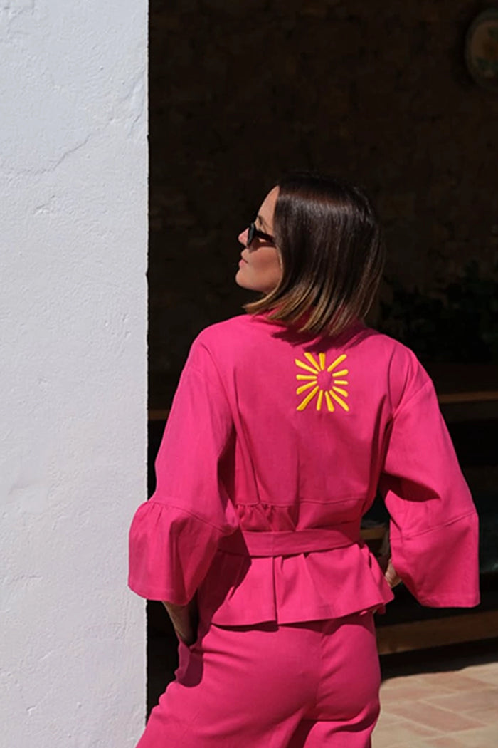 Flowing Pink Embroidered Linen Kimono