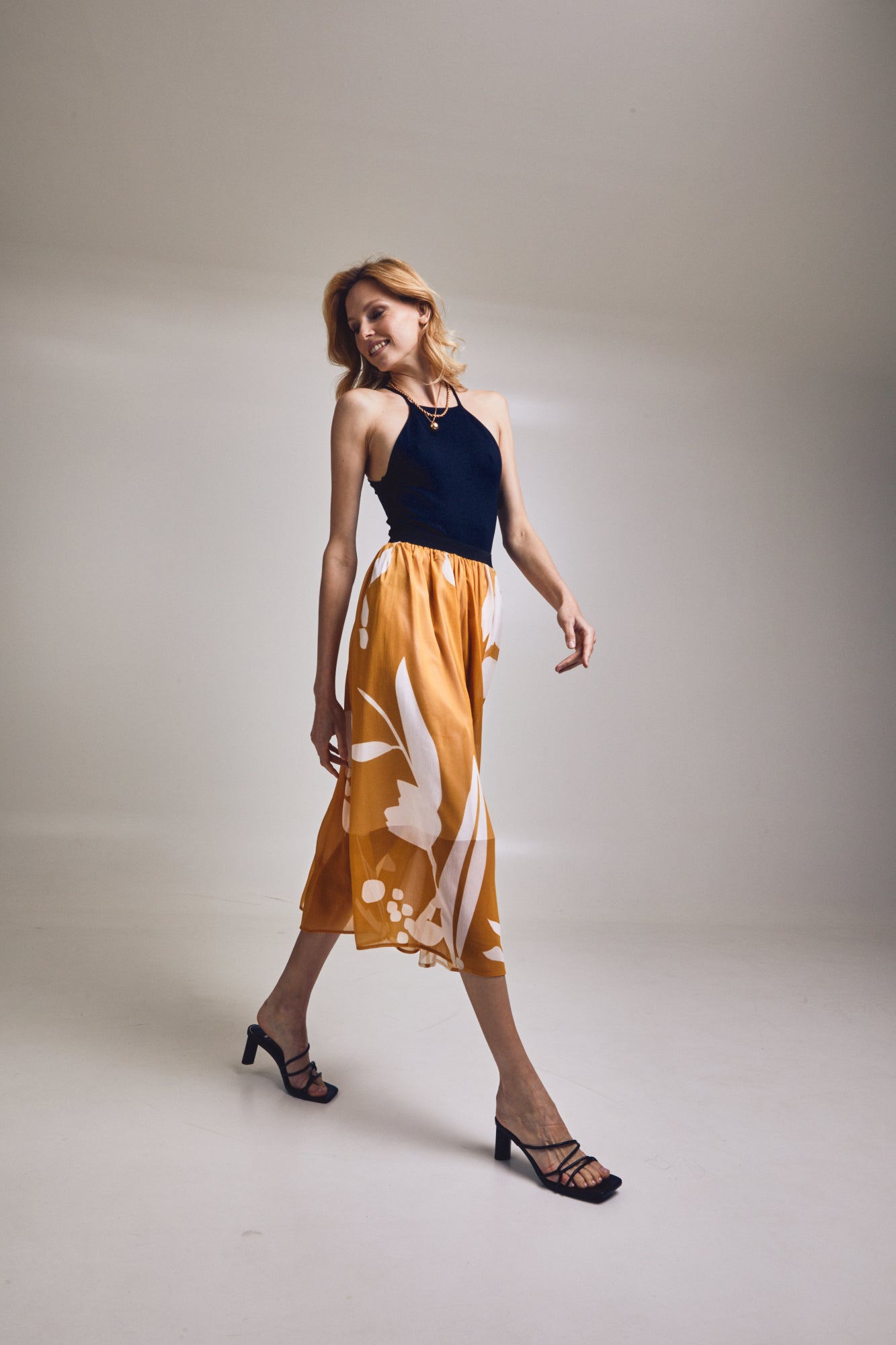 Golden Shadows High Waist Midi Skirt