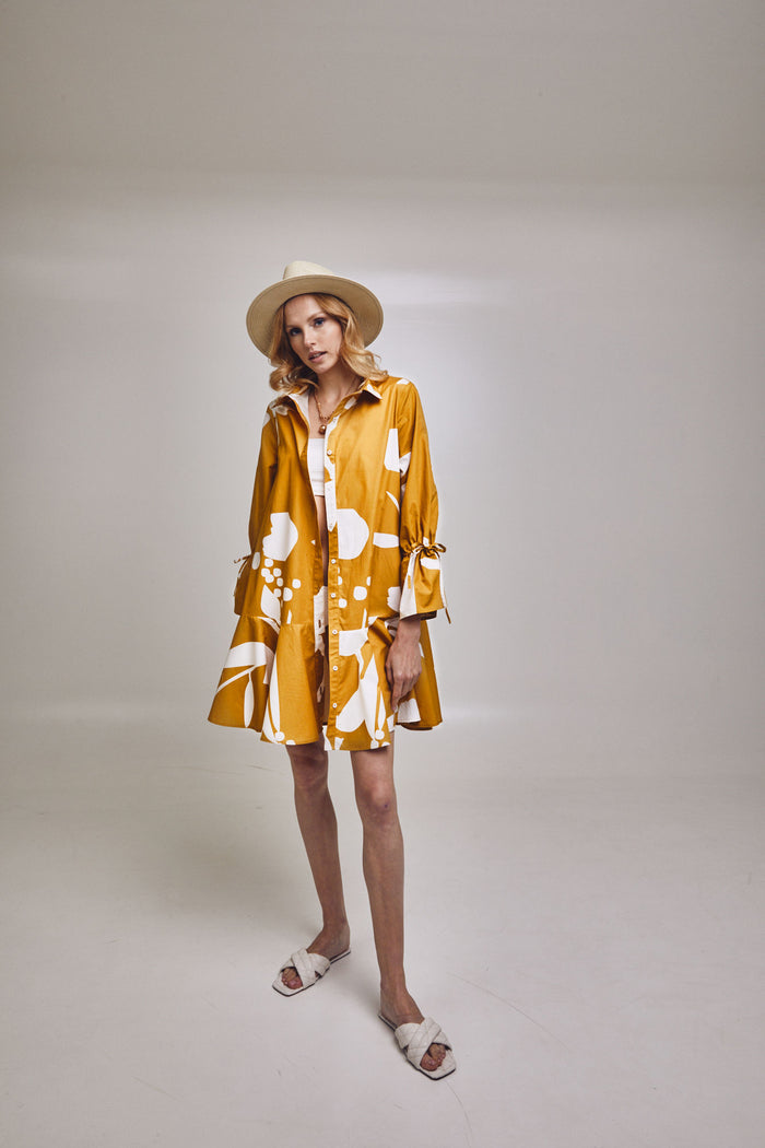 Golden Shadows Cotton Shirt Dress with Ruffle Skirt