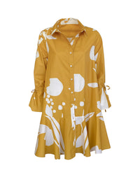 Golden Shadows Cotton Shirt Dress with Ruffle Skirt