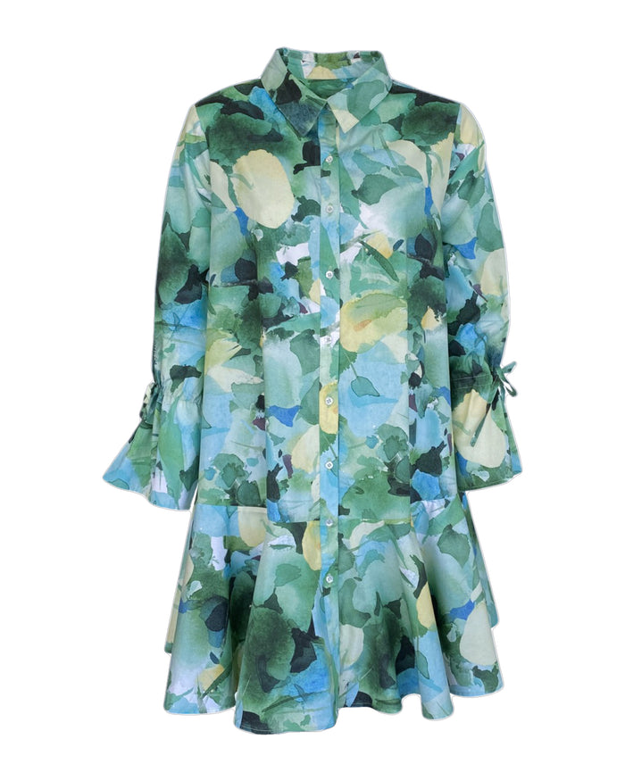 Green Paradise Cotton Shirt Dress with Ruffle Skirt